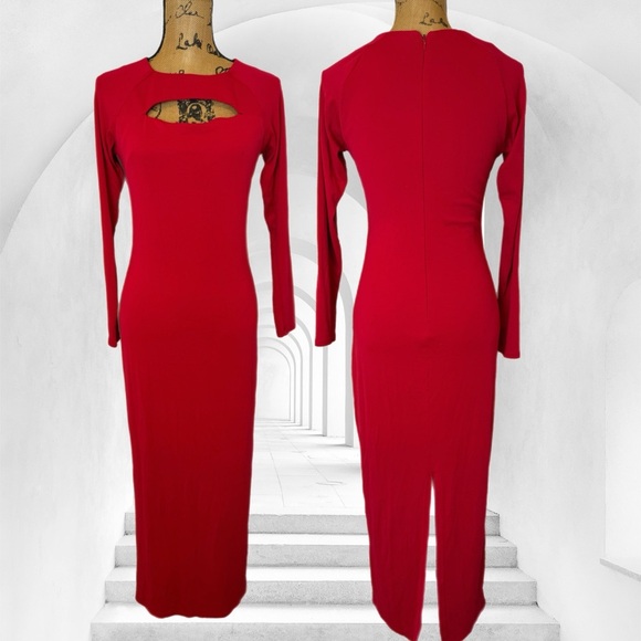 Vintage 1990s Hugo Buscati collection red long sleeve gown cutout XS - Picture 5 of 5
